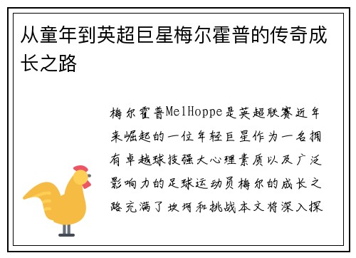 从童年到英超巨星梅尔霍普的传奇成长之路